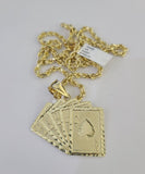 10k Solid Rope Chain Royal Flush Cards Charm Set 4mm 20"-28" Necklace Gold