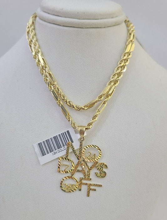 10k Milano Rope Chain No Days Off Charm Pendent Necklace SET 3mm 18" 20" 22" 24"