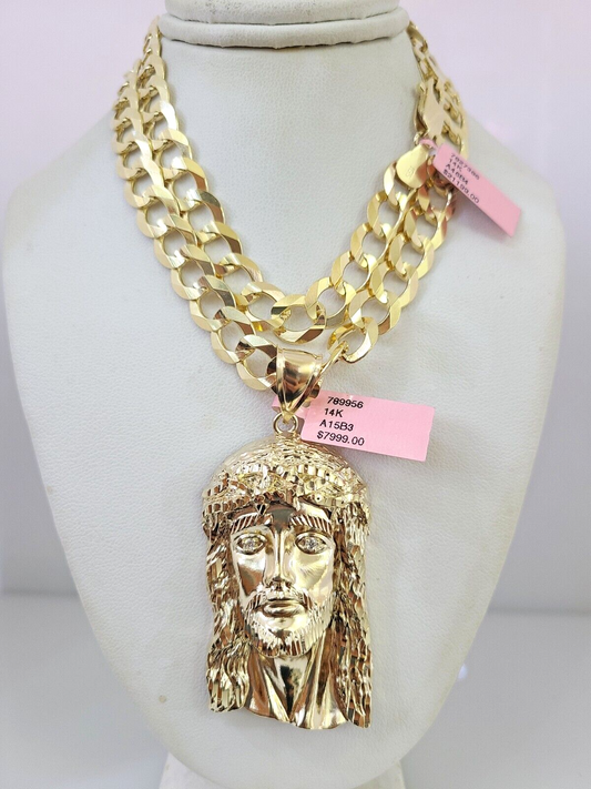 14k Gold Chain Jesus Head Charm Solid Cuban Curb 10mm 20"-30" SET Necklace