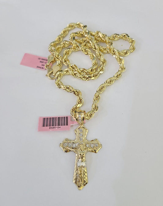 Real 14k Rope Chain Jesus Cross Charm Set 6mm 18"-28" Necklace Yellow Gold