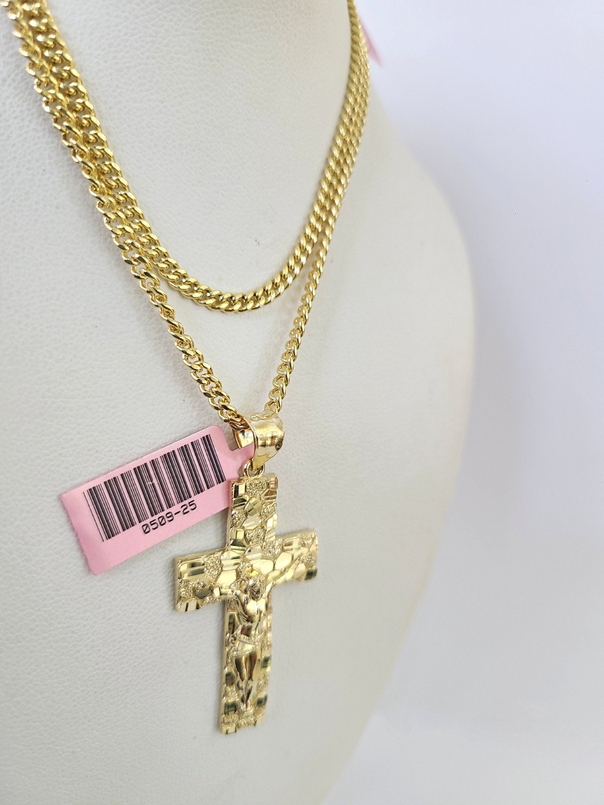 14k Miami Cuban Chain Nugget Cross Charm Pendant 3mm 18"24" inch SET Necklace