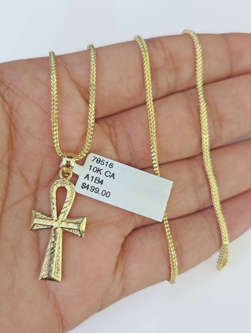 10K Gold Franco Chain Ankh Jesus Cross Charm SET 18-24 inches 1mm Necklace
