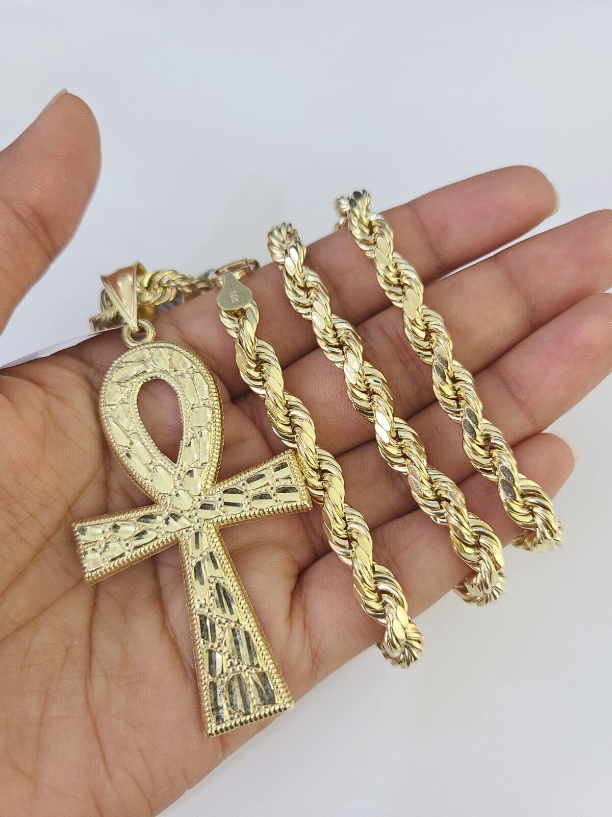 Real 10k Rope Chain Jesus Cross Charm Set 7mm 20"-28" Inch Necklace Yellow Gold