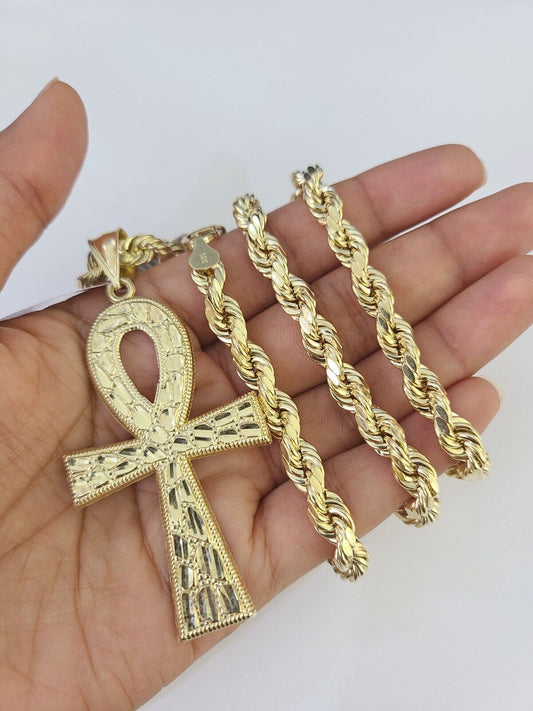 Real 10k Gold Rope Chain Ankh Cross Charm Set 7mm 20"-28" Inch Necklace For Men's