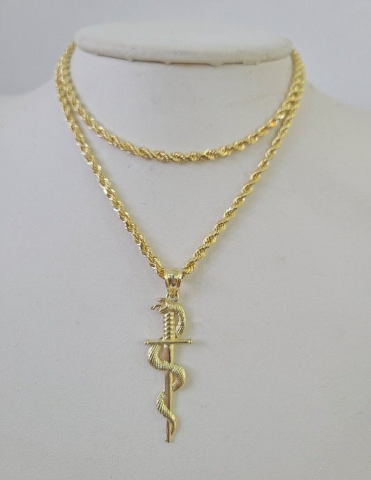 10k 3mm Rope Chain Snake Sword Pendant 18"-30" Yellow Gold Set Charm Necklace