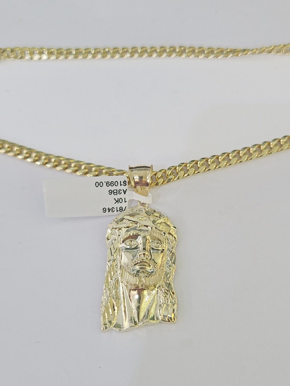 10k Yellow Gold Chain Jesus Head Charm Pendant Set 5mm Miami Cuban Link Necklace