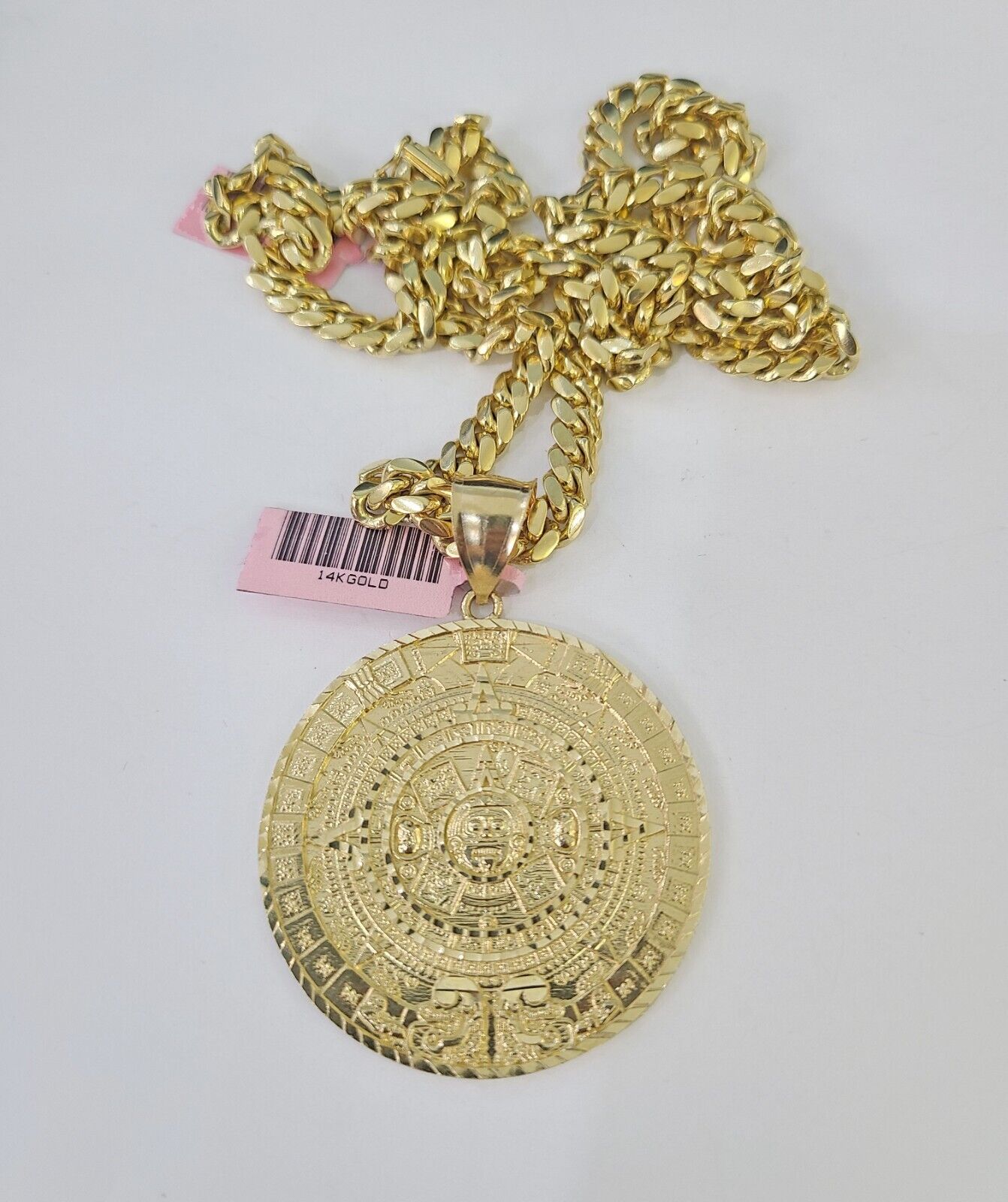 Real 14k Solid Chain Mayan Calendar Charm Set Miami Cuban Link 6mm Necklace