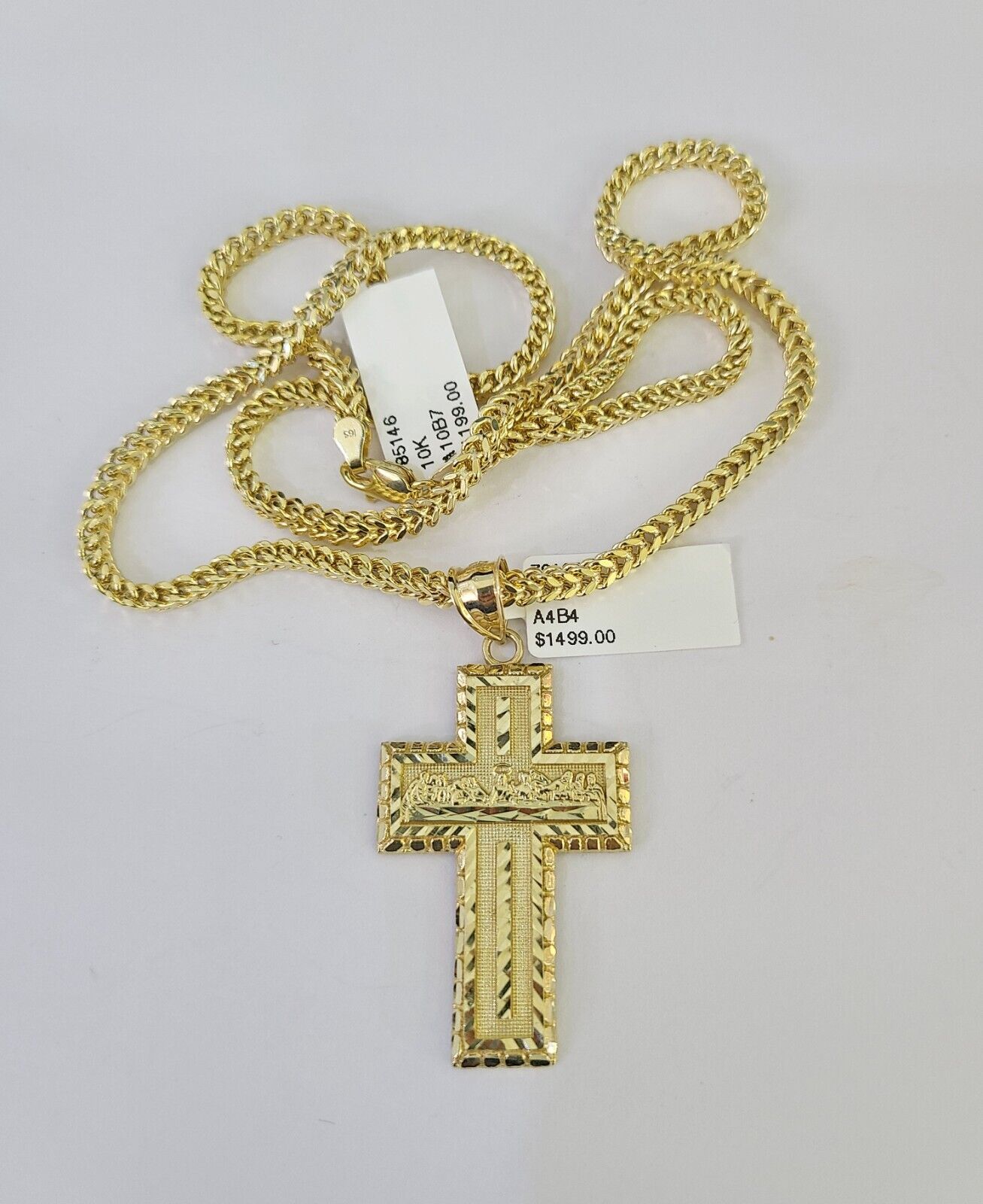 10K Franco Chain Last Supper Cross Pendant Charm Necklace 20"-26" 3mm Gold SET