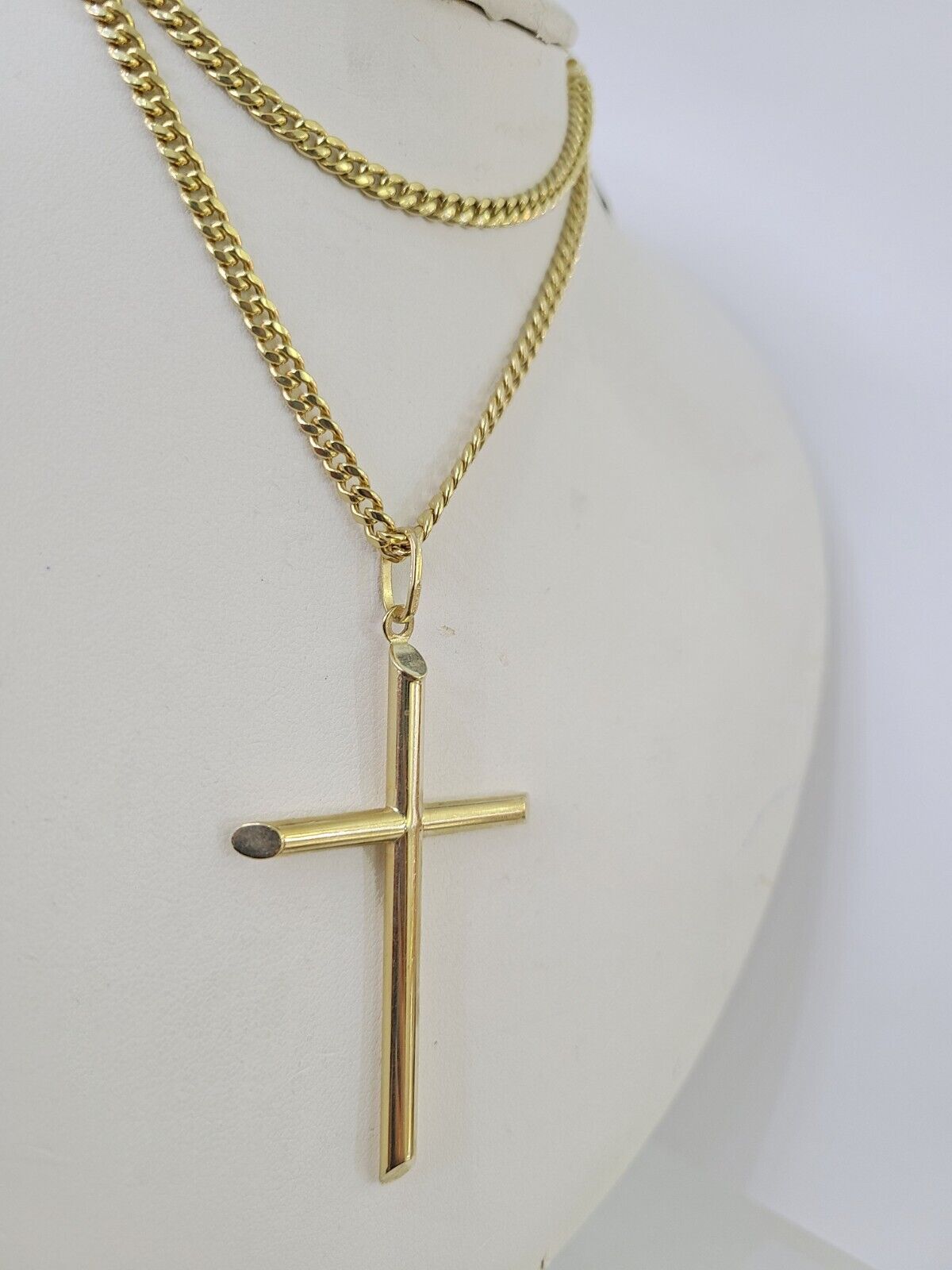 10k Miami Cuban Chain Jesus Cross Charm Set 4mm 18"-28" Necklace Yellow Gold