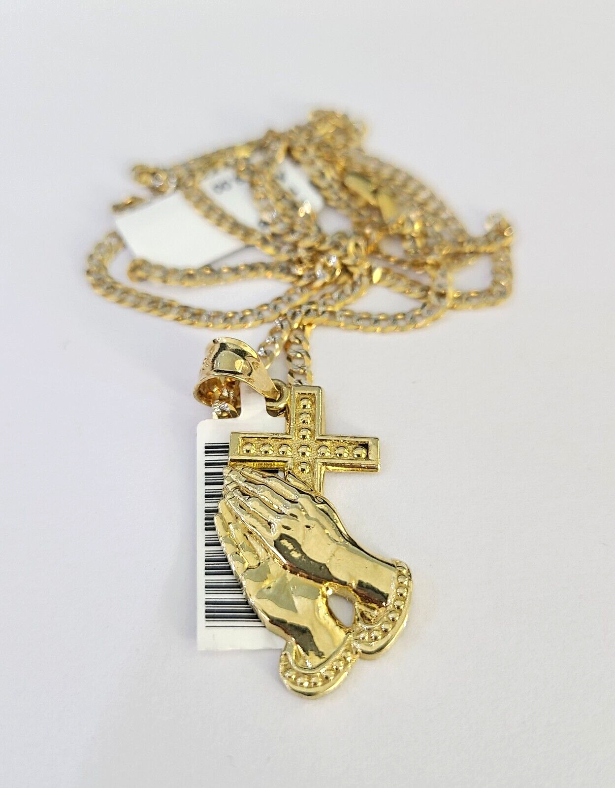 10k Solid Gold Cuban Curb Chain Praying Hands Pendant 2mm 18"-24" SET Necklace