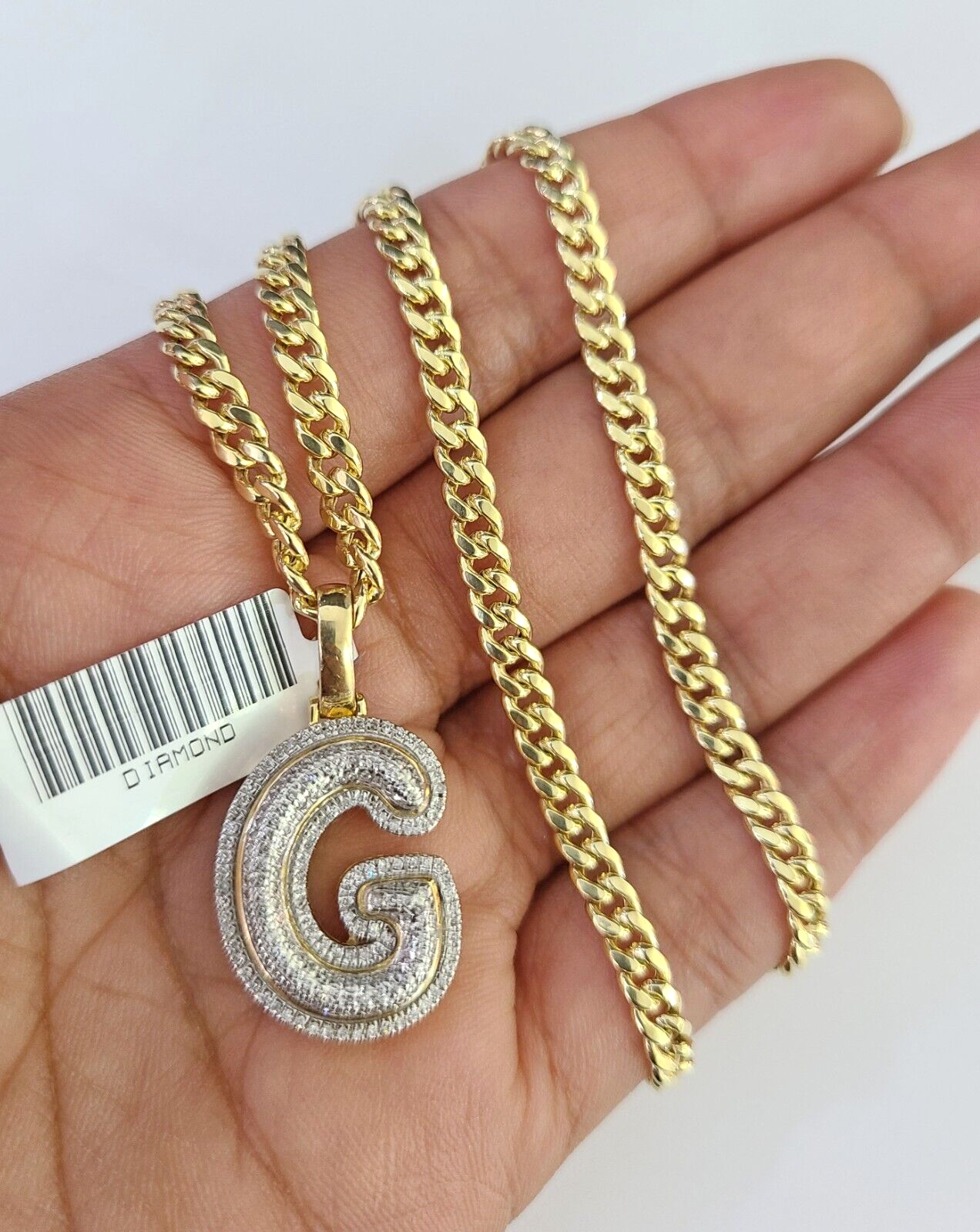 10k Miami Cuban Chain Diamond G Initial Charm Set 4mm 18"-28" Necklace Gold