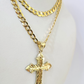 10k Gold Chain Jesus Cross Charm Pendant Cuban Curb Link 5mm 18"-28" Inch SET