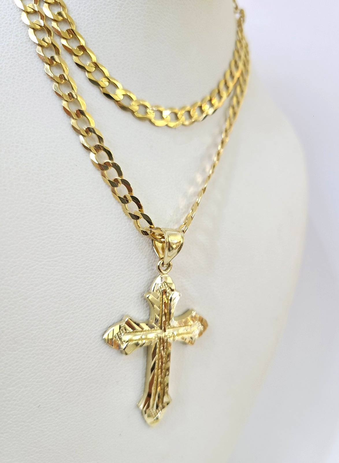 10k Gold Chain Jesus Cross Charm Pendant Cuban Curb Link 5mm 18"-28" Inch SET
