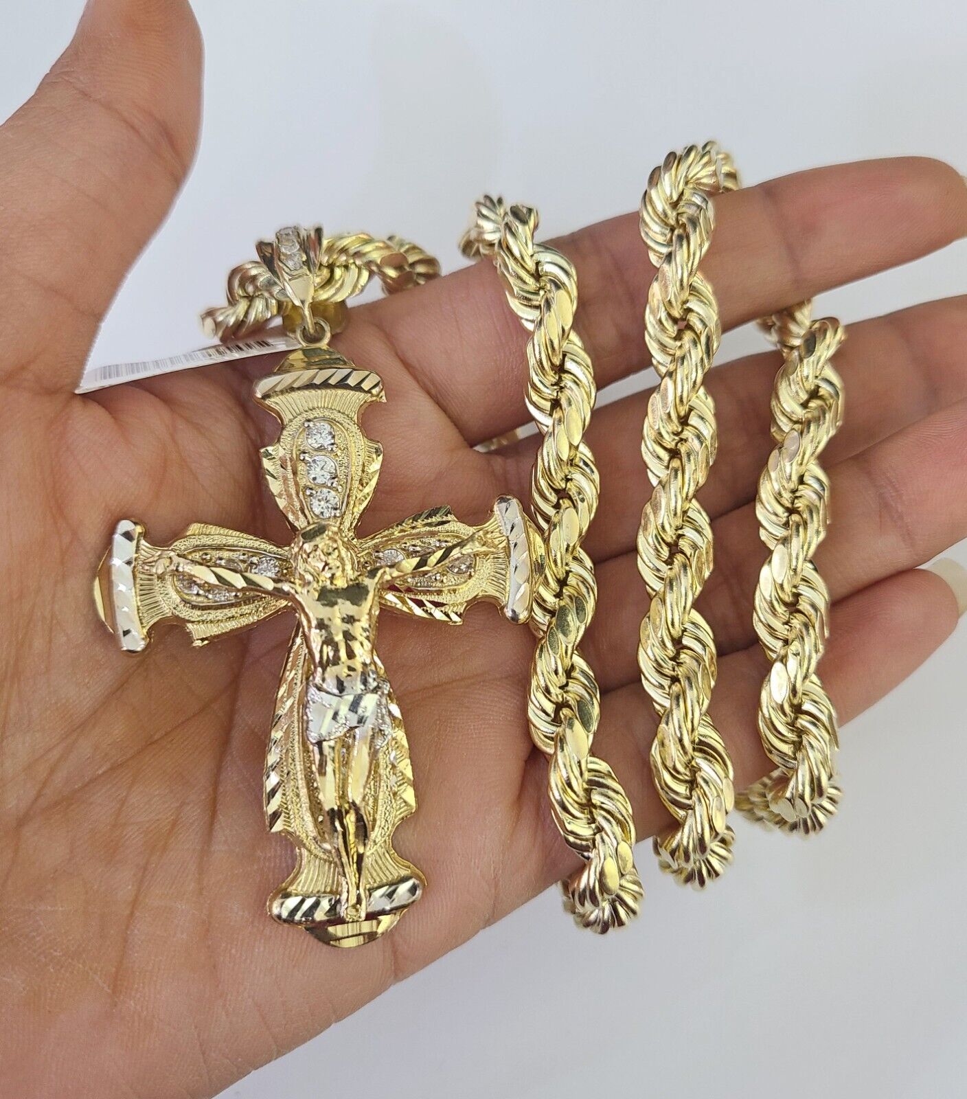 Real 10k Rope Chain Jesus Cross Charm Set 8mm 20"-30" Inch Necklace Yellow Gold