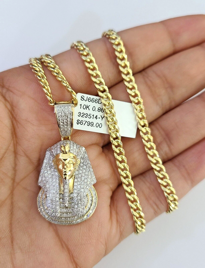 10k Miami Cuban Chain Diamond Pharaoh Charm Set 4mm 18"-28" Necklace Gold