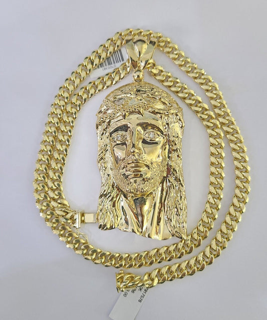 10K Miami Cuban Link Chain Jesus Head Pendent Charm 8mm 20"-30" Necklace Gold