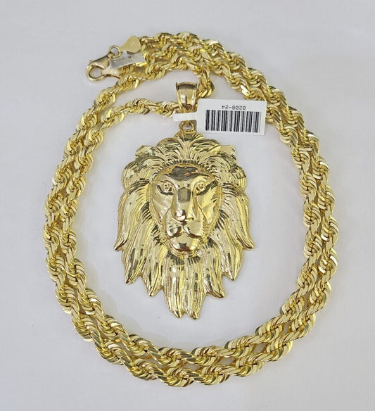 Real 10k Solid Rope Chain Lion Charm Set 6mm 20"-30" Inch Necklace Yellow Gold