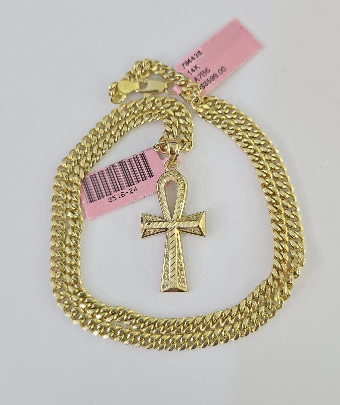 Real 14k Chain Cross Charm Set Miami Cuban Link 4mm Necklace Pendant Yellow Gold