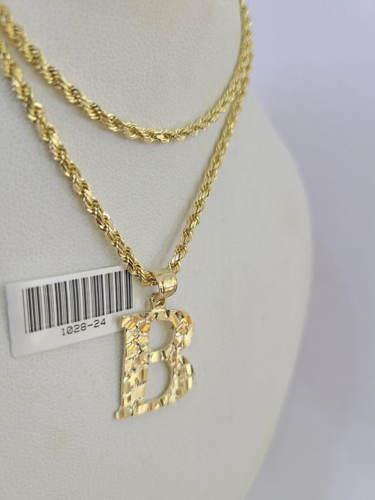 10k Gold Initial B Charm Rope Chain 16"-26" 2.5mm SET Necklace Alphabet Pendant