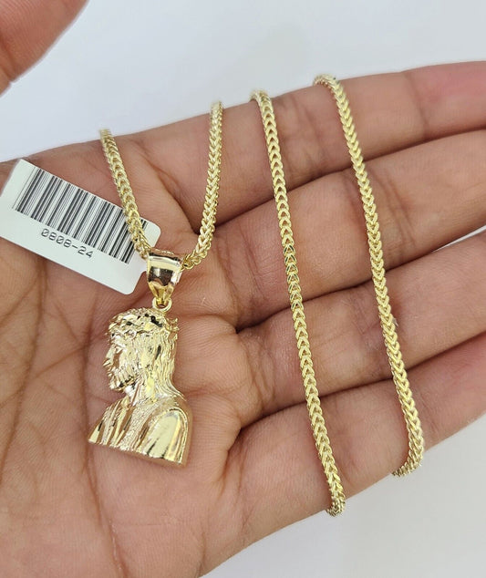 10K Franco Chain Jesus Head Pendant Charm Necklace 16"-24" 2mm Yellow Gold SET