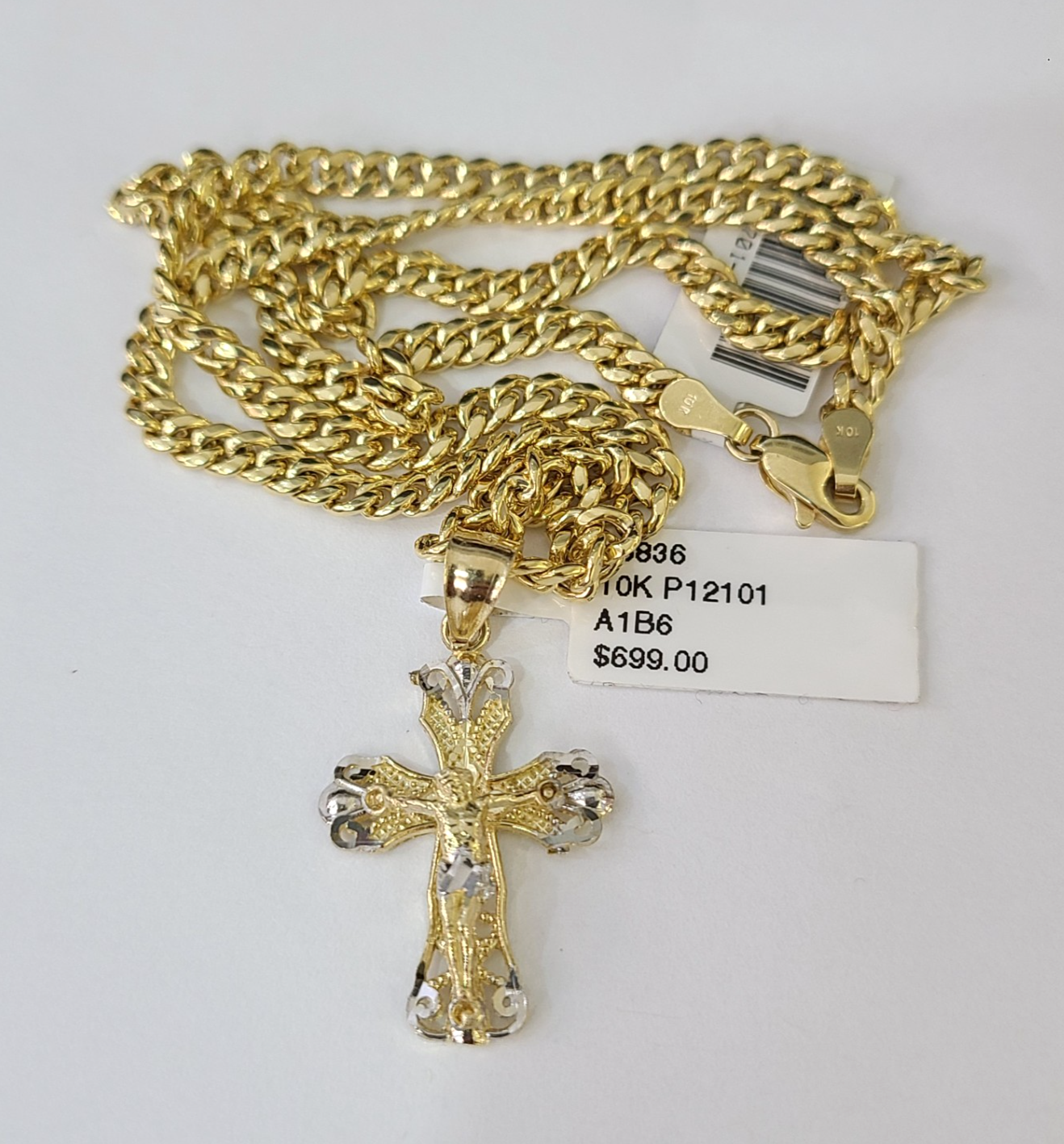 10k Gold Chain Miami Cuban Jesus Cross Charm Pendant Set 4mm 18"-28" Necklace