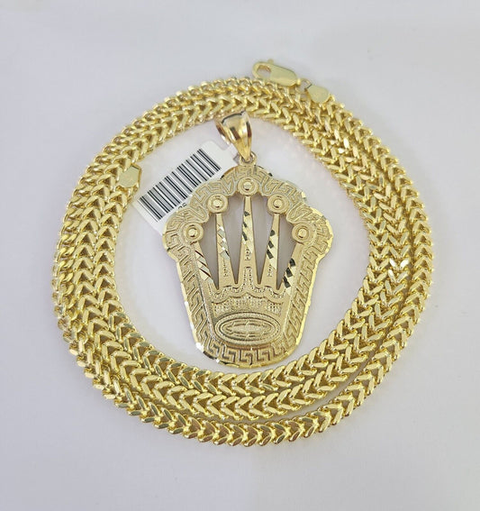 10K Franco Chain Crown Pendant Charm Necklace 20"-28" 4mm Gold SET Yellow