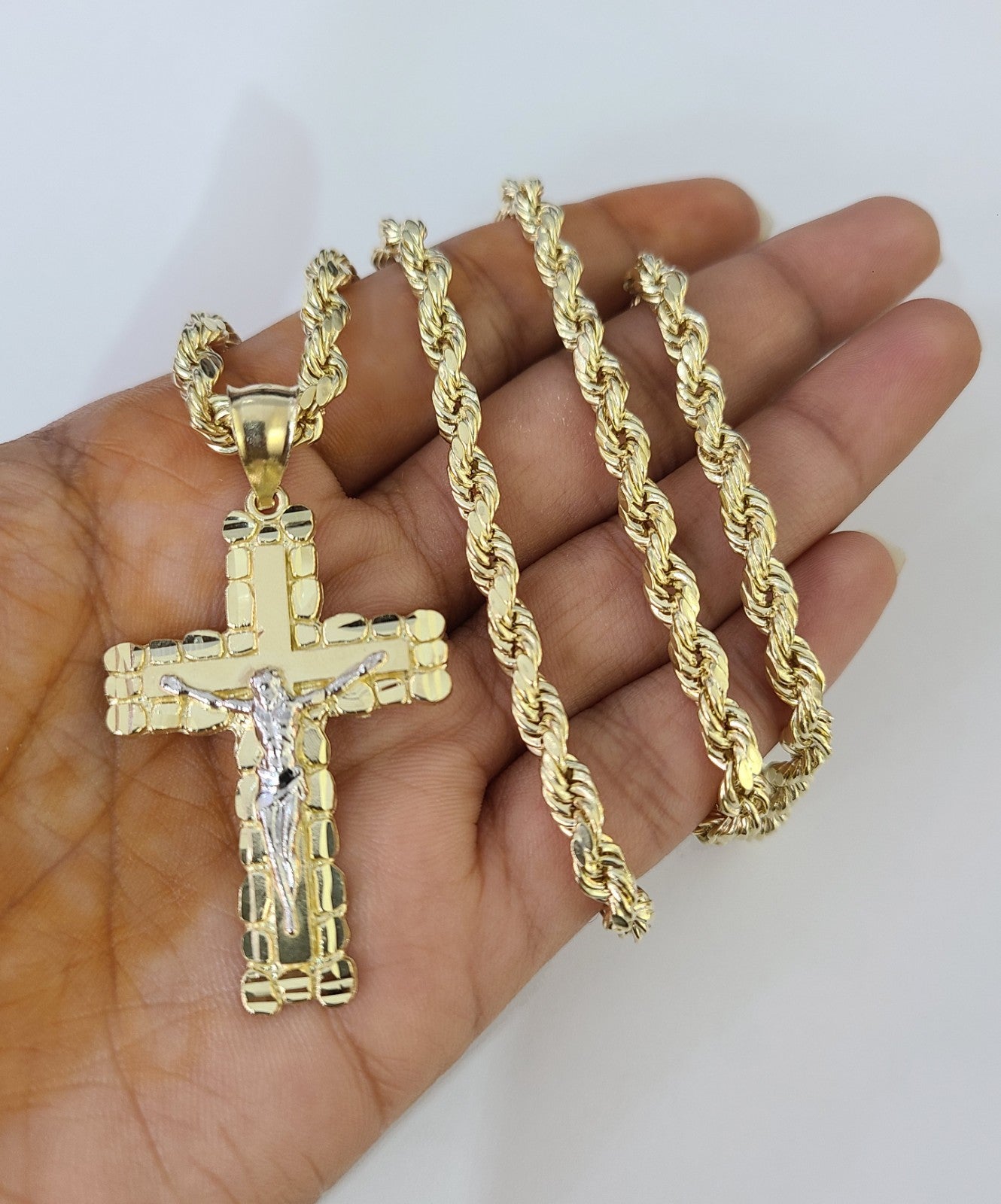 Real 10k Rope Chain Jesus Cross Charm Necklace Pendant Set 5mm 18"-28" Gold