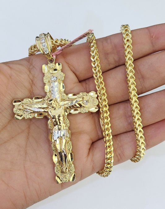 14K Franco Chain Jesus Nugget Cross Pendant Charm Necklace 20"-26" 4mm Gold