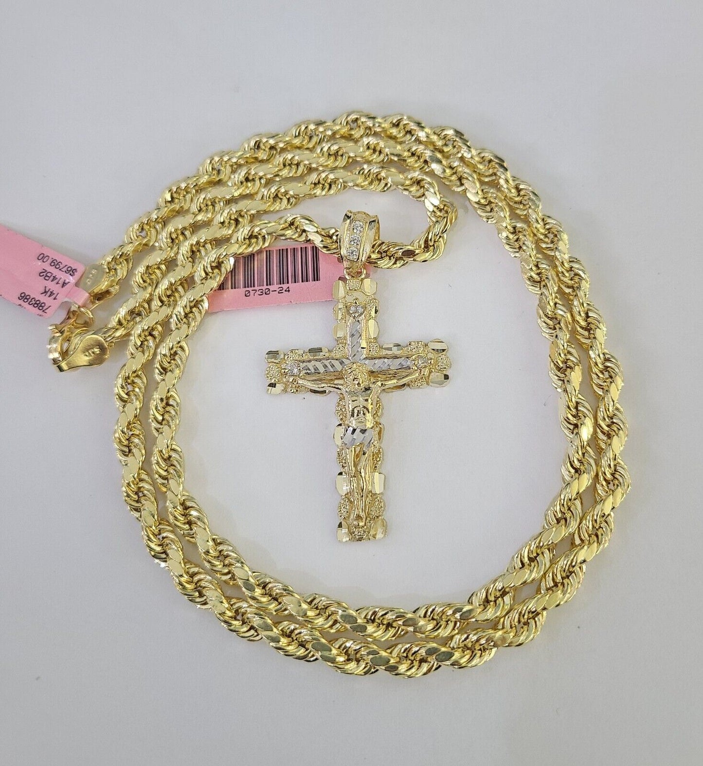 Real 14k Rope Chain Jesus Cross Charm Set 6mm 18"-28" Necklace Yellow Gold