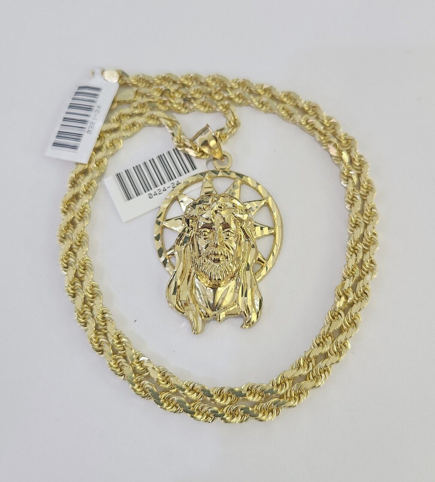 10k Solid Rope Chain Jesus Head Charm Set 4mm 18"-30" Necklace Gold Pendant