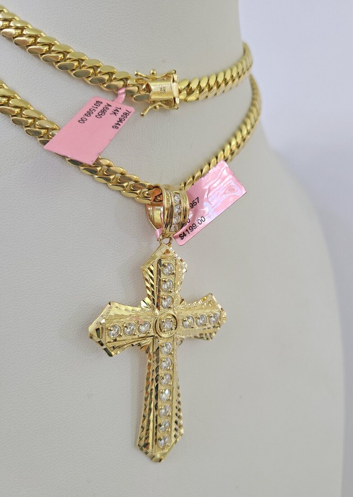 Real 14k Solid Chain Cross Charm Set Miami Cuban Link 6mm Necklace Pendant Gold