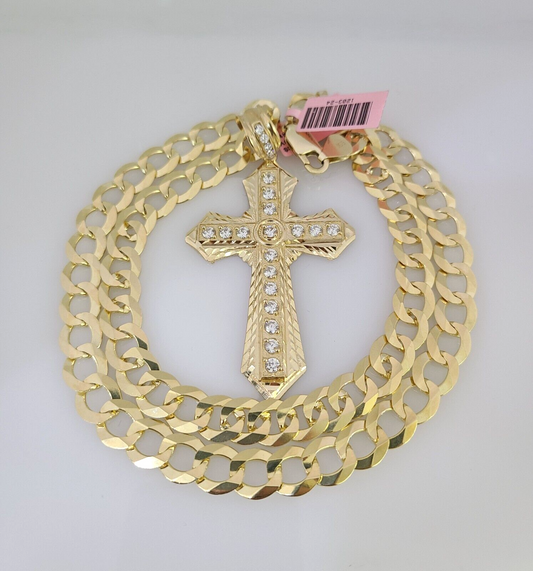 14k Gold Chain Jesus Cross Charm Solid Cuban Curb 10mm 20"-30" SET Necklace