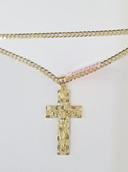 14k Gold Chain Cross Charm Solid Cuban Curb Link 3mm 18"-26" Inch Diamond CutSET