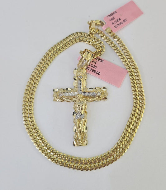 Real 14k Solid Chain Cross Charm Set Miami Cuban Link 3mm Necklace Pendant Gold