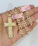 14k Solid Figaro Chain Nugget Cross Pendant Gold 5mm 18-28 inch SET Necklace