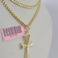 Real 14k Solid Chain Cross Charm Set Miami Cuban Link 3mm Necklace Pendant Gold