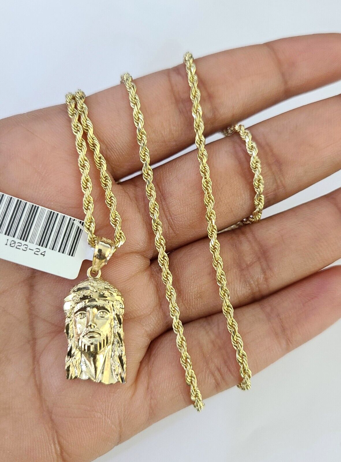 10k Solid Rope Chain 2mm Jesus Head Pendant Charm Necklace SET 18-24 in