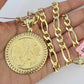 14k Figaro Chain Centenario Bezel Charm Pendant Gold 7mm 20-30 inch SET Necklace