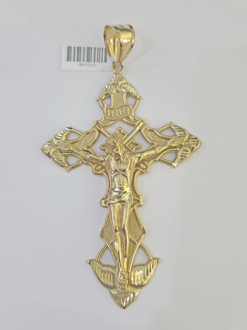 10K Crucifix Cross Pendant 4" Jesus Christ Charm Women Men Yellow Gold