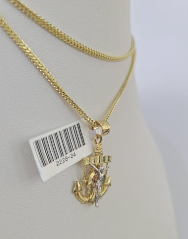 10K Solid Franco Chain Jesus Anchor Pendant Charm Necklace 18"-24" 1mm Gold