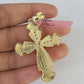 Real 14k Solid Chain Cross Charm Set Miami Cuban Link 3mm Necklace Pendant Gold