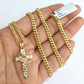 10k Gold Chain Miami Cuban Jesus Cross Charm Pendant Set 4mm 18"28" Necklace