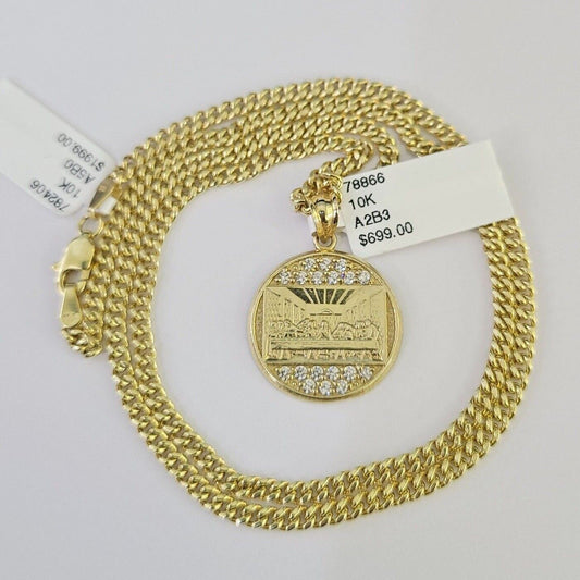 10K Gold Miami Cuban Chain Mayan Calendar 18"-28" 3mm Pendant Necklace SET