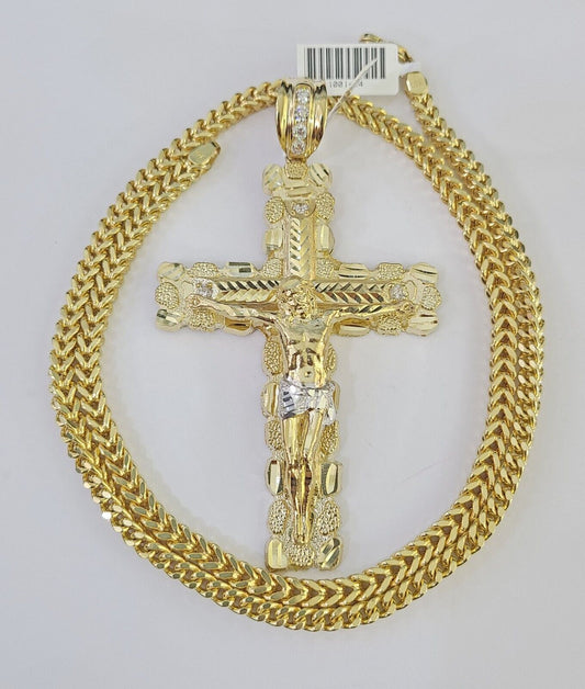 10K Franco Chain Jesus Cross Pendant Charm Necklace 20"-26" 5mm Gold Yellow SET