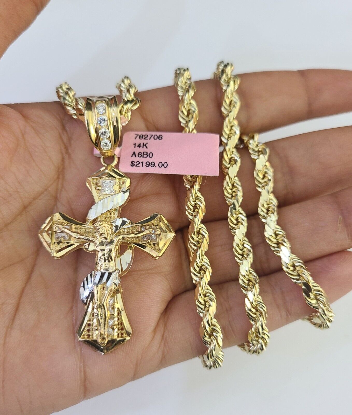 Real 14k Rope Chain Jesus Cross Charm Yellow Gold Set 5mm 20"-30" Necklace