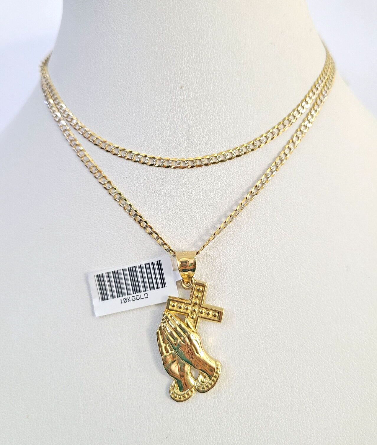 10k Solid Gold Cuban Curb Chain Praying Hands Pendant 2mm 18"-24" SET Necklace