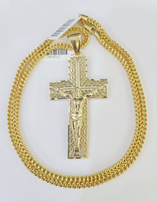 10K Franco Chain Jesus Crucifix Cross Pendant Charm Necklace 20"-26" 3mm Gold