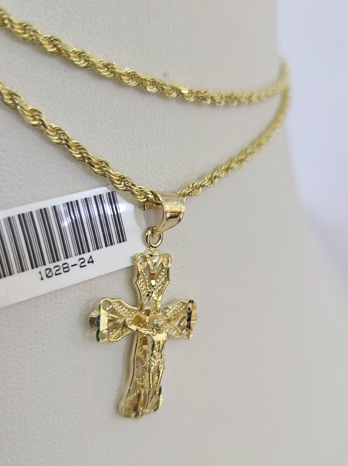 10k Solid Rope Chain 3mm Jesus Cross Pendant Charm Necklace SET 18-24 in