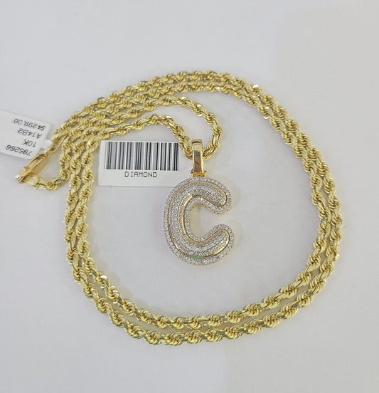 10k 3mm Rope Solid Chain C Diamond Pendant Alphabet 18"-28" Gold Charm Necklace