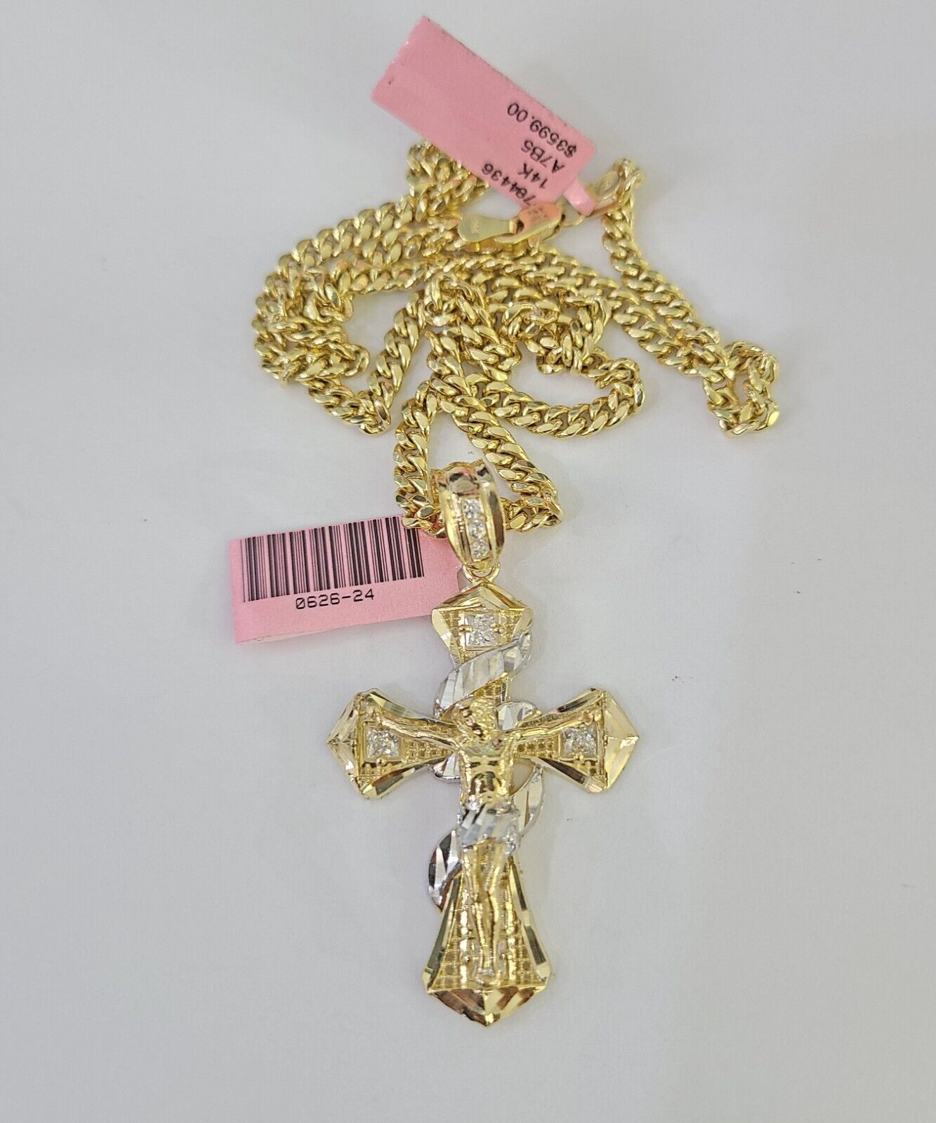 Real 14k Chain Cross Charm Set Miami Cuban Link 4mm Necklace Pendant Yellow Gold